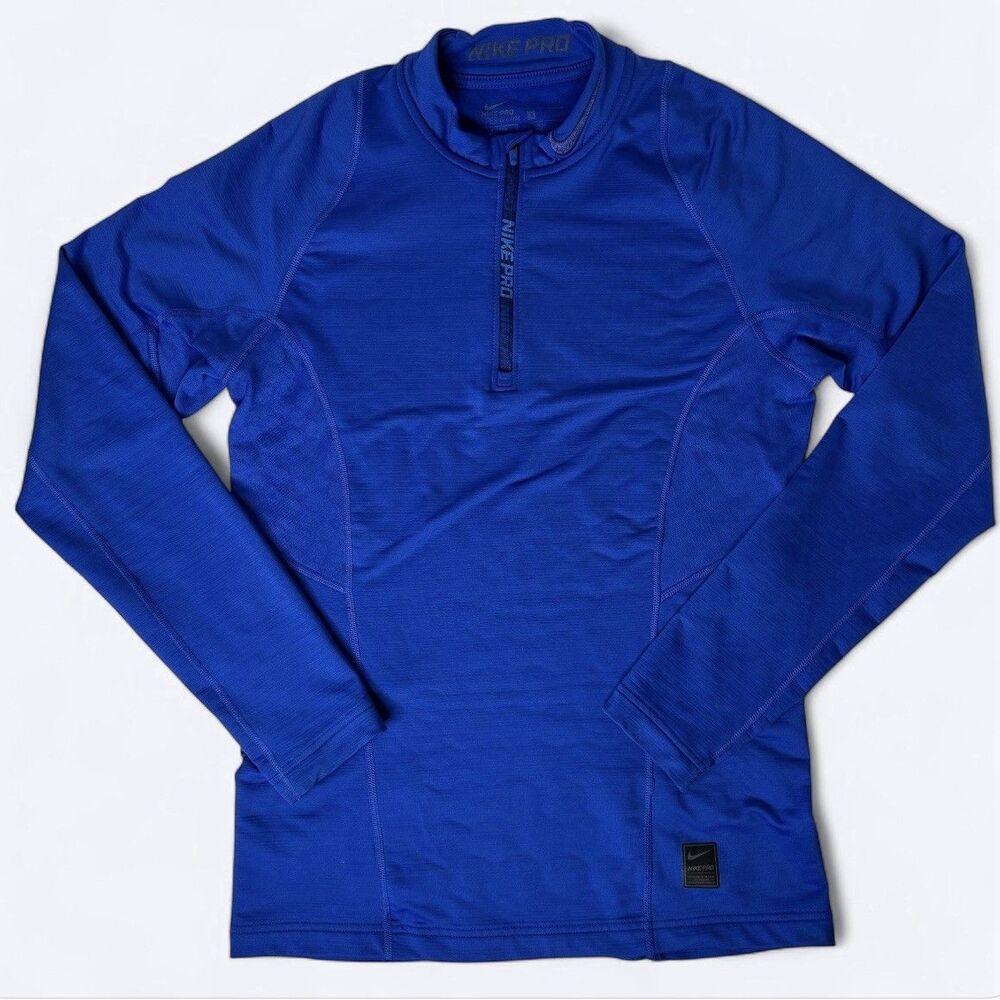 Nike Pro Hyperwarm Fitted Top Mens Sz S Blue Long Sleeve Qtr Zip Thumb Holes‎